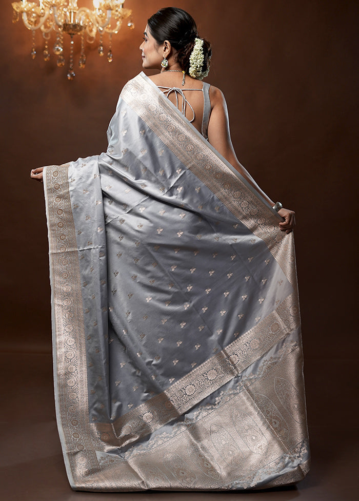 Grey Banarasi Silk Saree With Blouse Piece - Indian Silk House Agencies