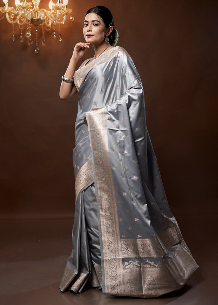 Grey Banarasi Silk Saree With Blouse Piece - Indian Silk House Agencies