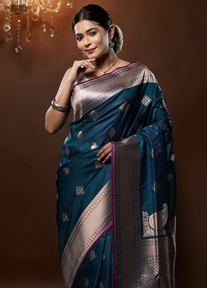 Blue Banarasi Silk Saree With Blouse Piece