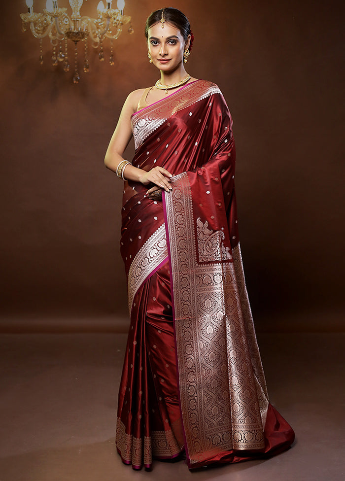 Maroon Banarasi Silk Saree With Blouse Piece