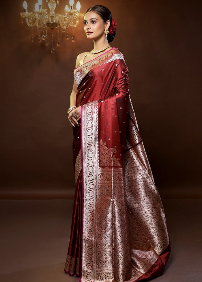 Maroon Banarasi Silk Saree With Blouse Piece