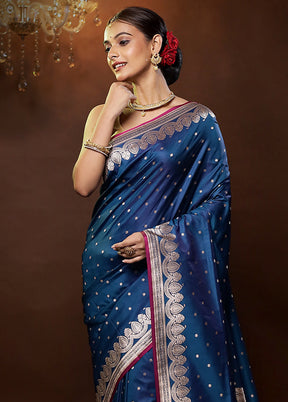 Blue Banarasi Silk Saree With Blouse Piece