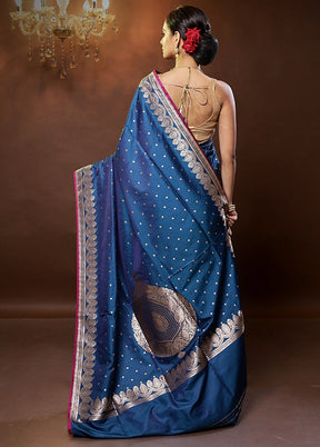 Blue Banarasi Silk Saree With Blouse Piece