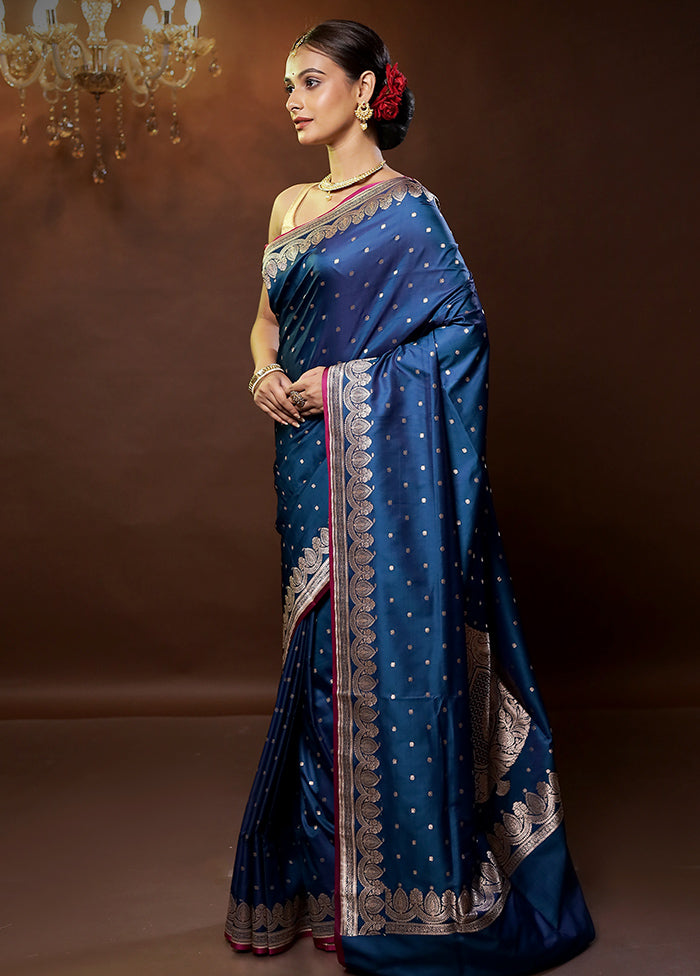 Blue Banarasi Silk Saree With Blouse Piece