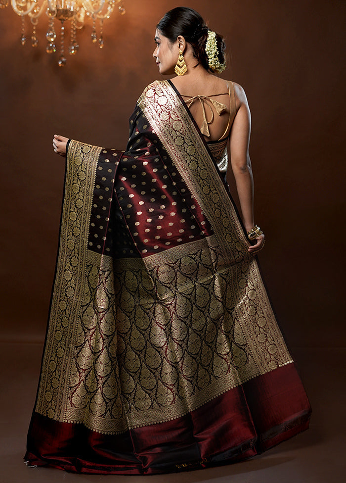 Maroon Handloom Banarasi Pure Silk Saree With Blouse Piece