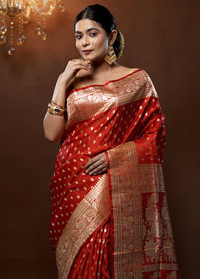 Red Handloom Banarasi Pure Silk Saree With Blouse Piece