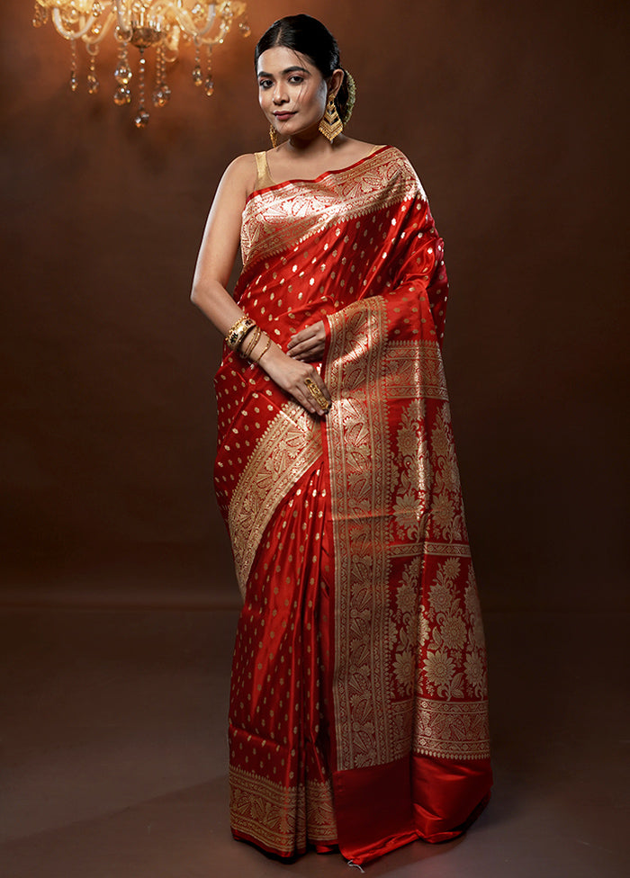 Red Handloom Banarasi Pure Silk Saree With Blouse Piece