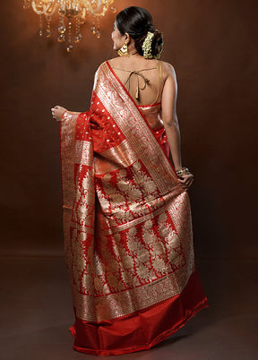 Red Handloom Banarasi Pure Silk Saree With Blouse Piece