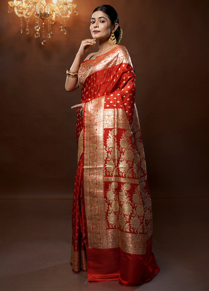 Red Handloom Banarasi Pure Silk Saree With Blouse Piece