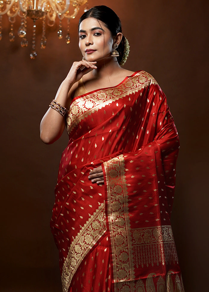 Red Handloom Banarasi Pure Silk Saree With Blouse Piece