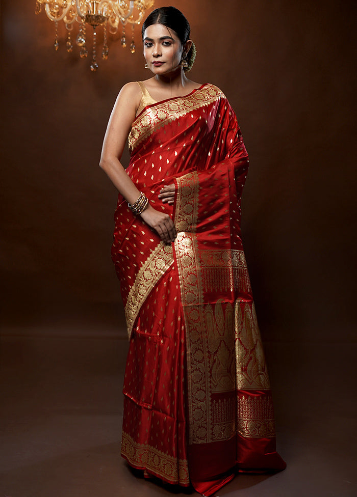 Red Handloom Banarasi Pure Silk Saree With Blouse Piece