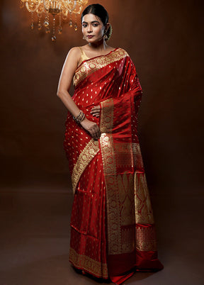 Red Handloom Banarasi Pure Silk Saree With Blouse Piece - Indian Silk House Agencies