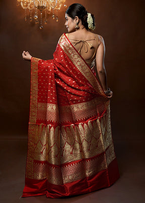 Red Handloom Banarasi Pure Silk Saree With Blouse Piece