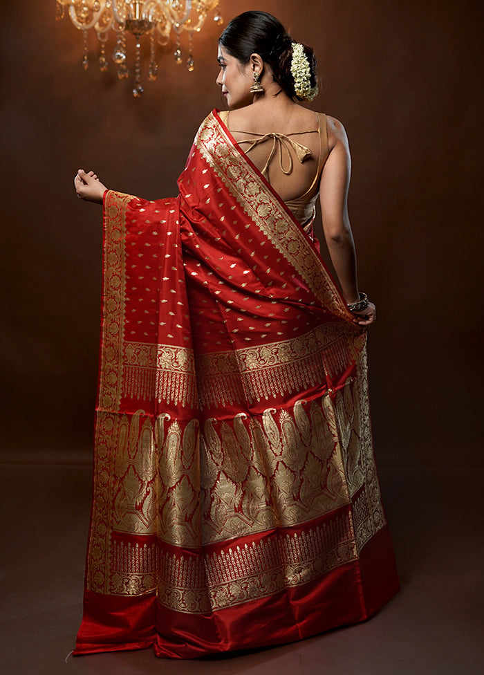 Red Handloom Banarasi Pure Silk Saree With Blouse Piece - Indian Silk House Agencies