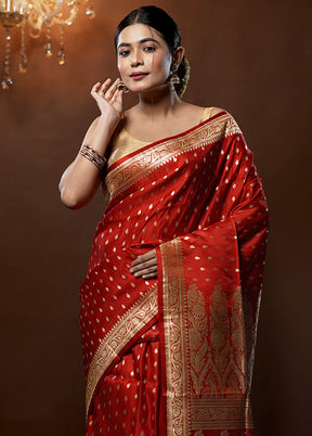 Red Handloom Banarasi Pure Silk Saree With Blouse Piece - Indian Silk House Agencies