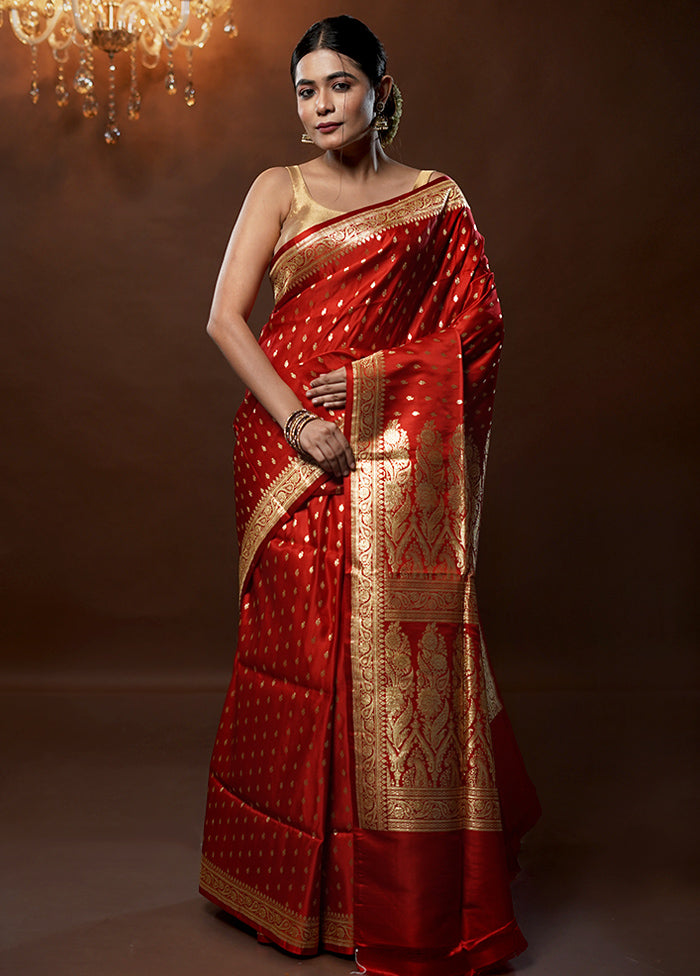 Red Handloom Banarasi Pure Silk Saree With Blouse Piece