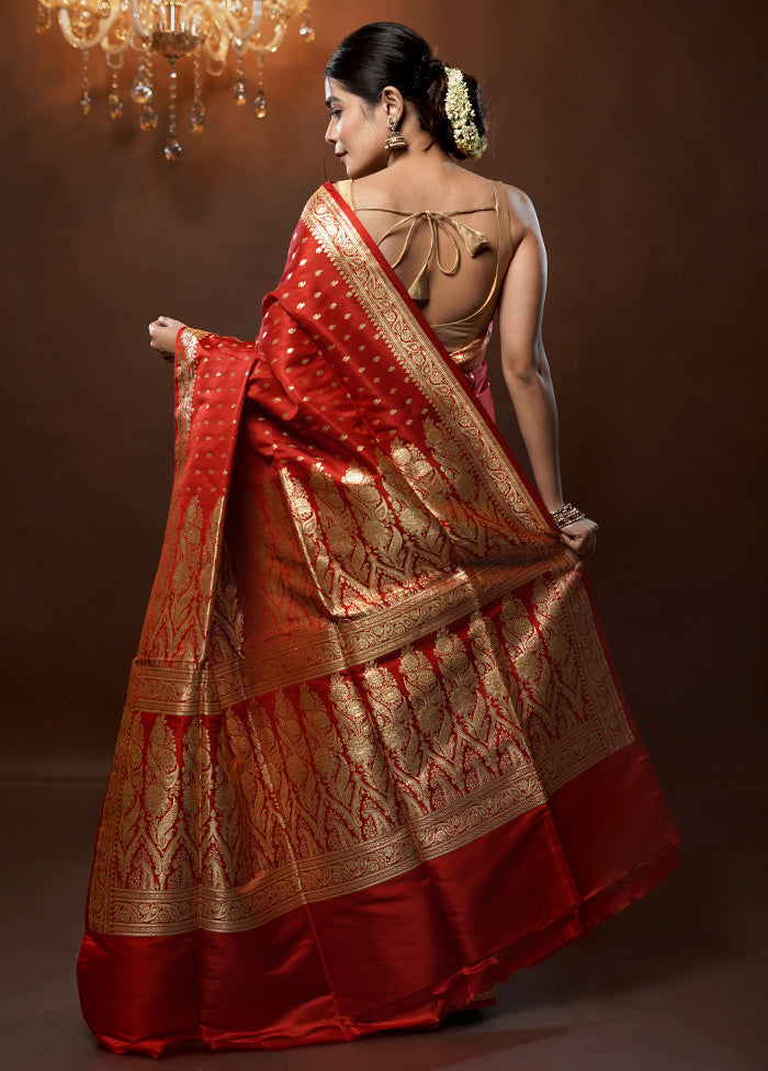 Red Handloom Banarasi Pure Silk Saree With Blouse Piece