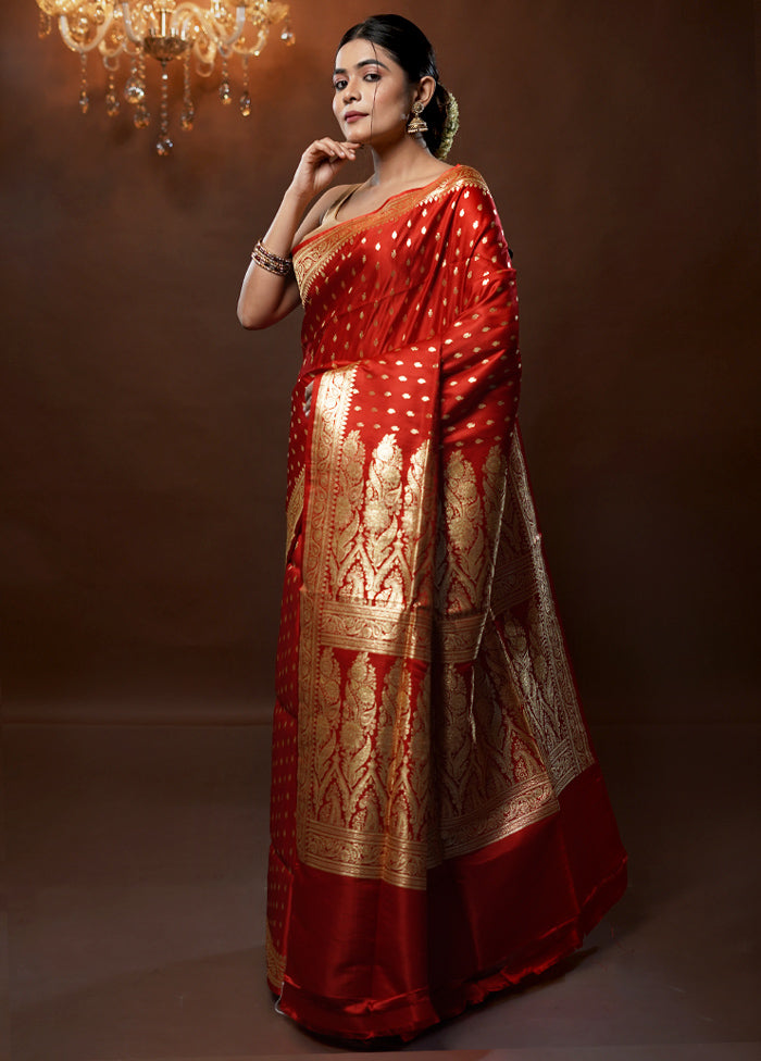 Red Handloom Banarasi Pure Silk Saree With Blouse Piece - Indian Silk House Agencies