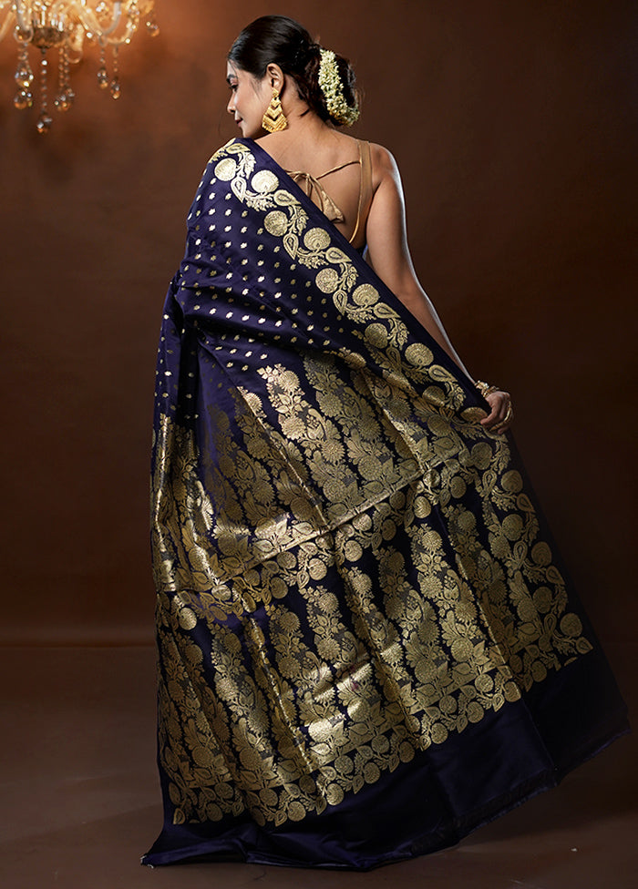 Blue Handloom Banarasi Pure Silk Saree With Blouse Piece