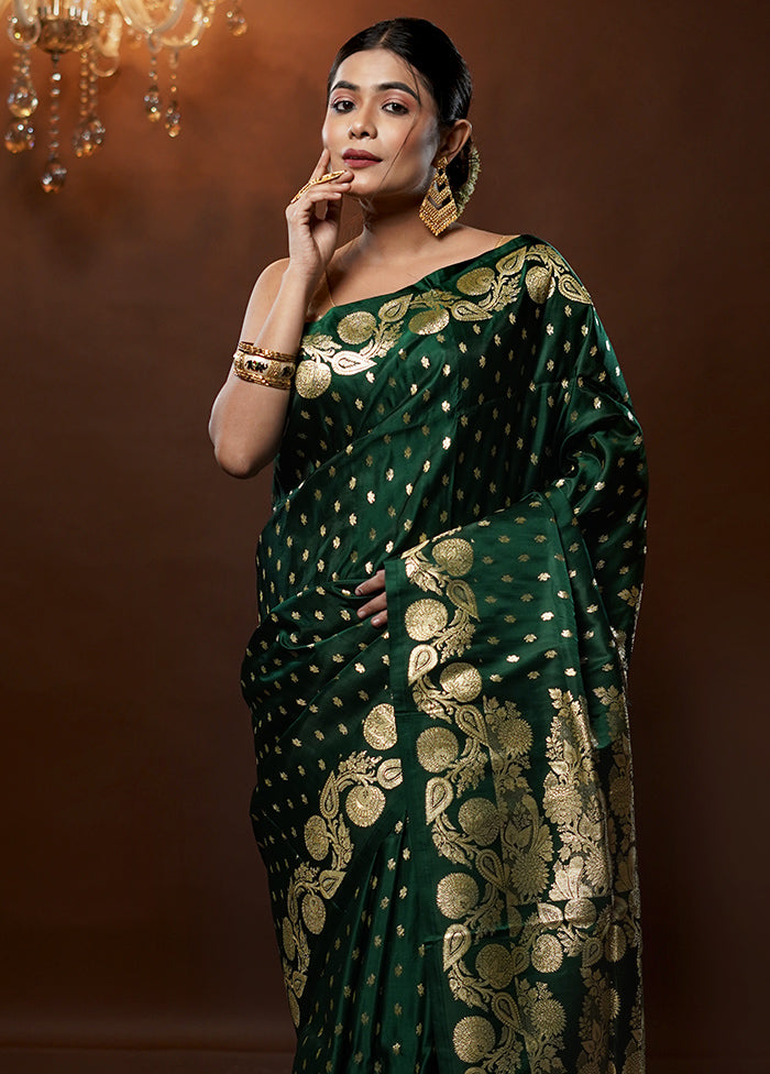 Green Handloom Banarasi Pure Silk Saree With Blouse Piece