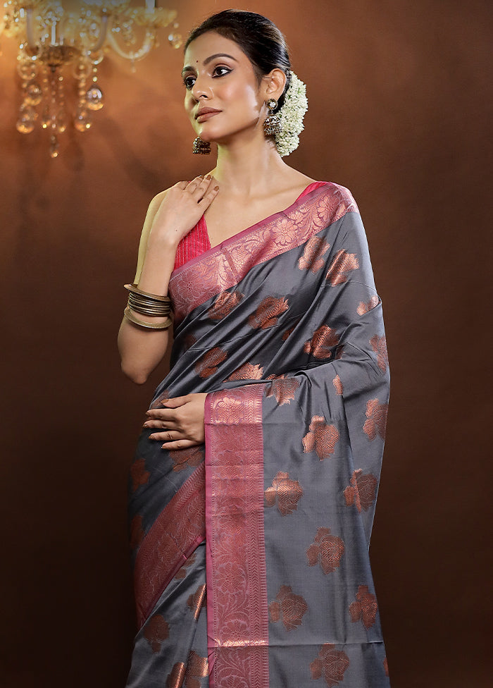 Grey Dupion Silk Saree With Blouse Piece