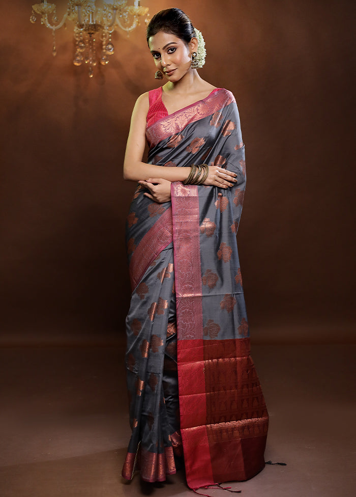 Grey Dupion Silk Saree With Blouse Piece