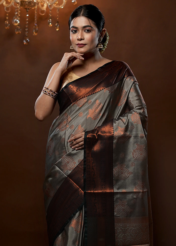 Grey Dupion Silk Saree With Blouse Piece