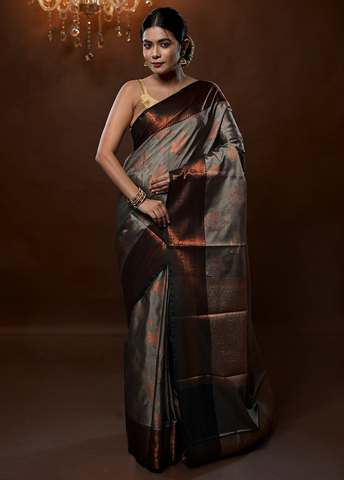 Grey Dupion Silk Saree With Blouse Piece