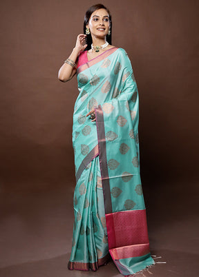 Blue Dupion Silk Saree With Blouse Piece