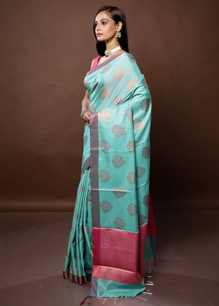 Blue Dupion Silk Saree With Blouse Piece