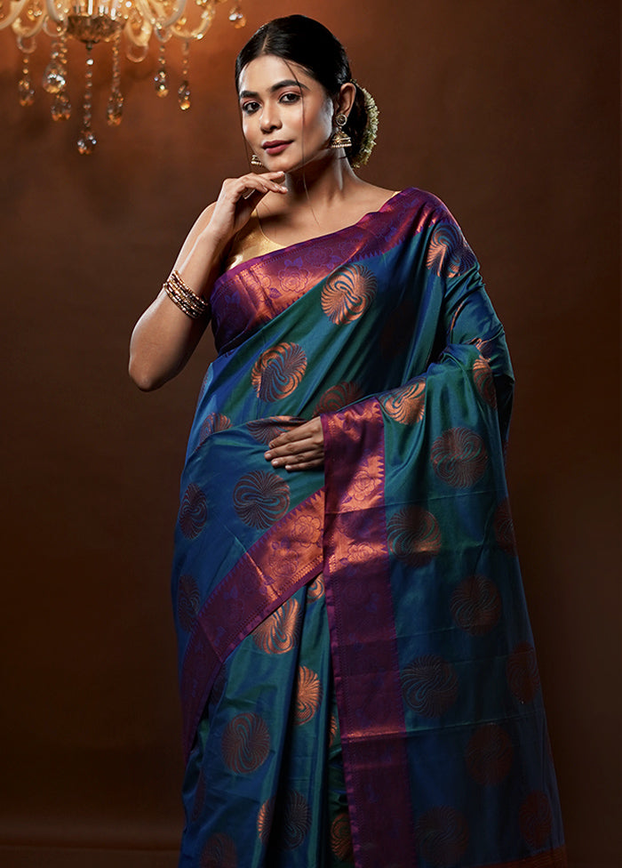 Blue Dupion Silk Saree With Blouse Piece