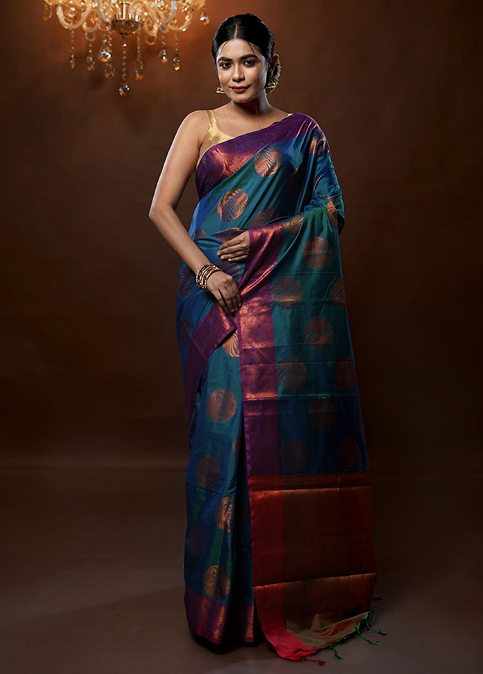 Blue Dupion Silk Saree With Blouse Piece