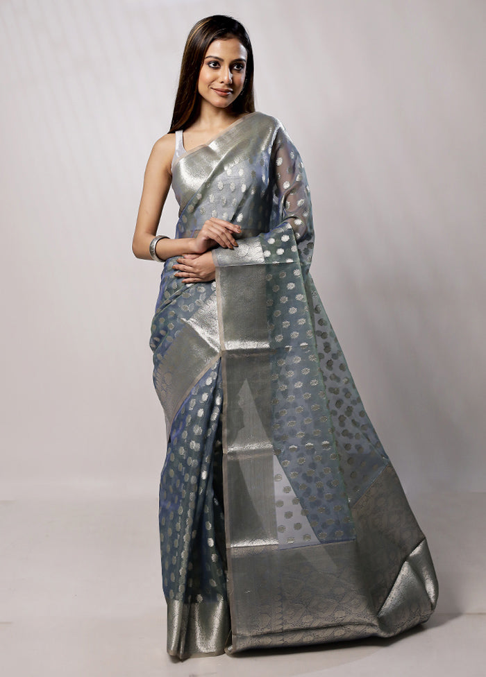 Blue Organza Saree With Blouse Piece