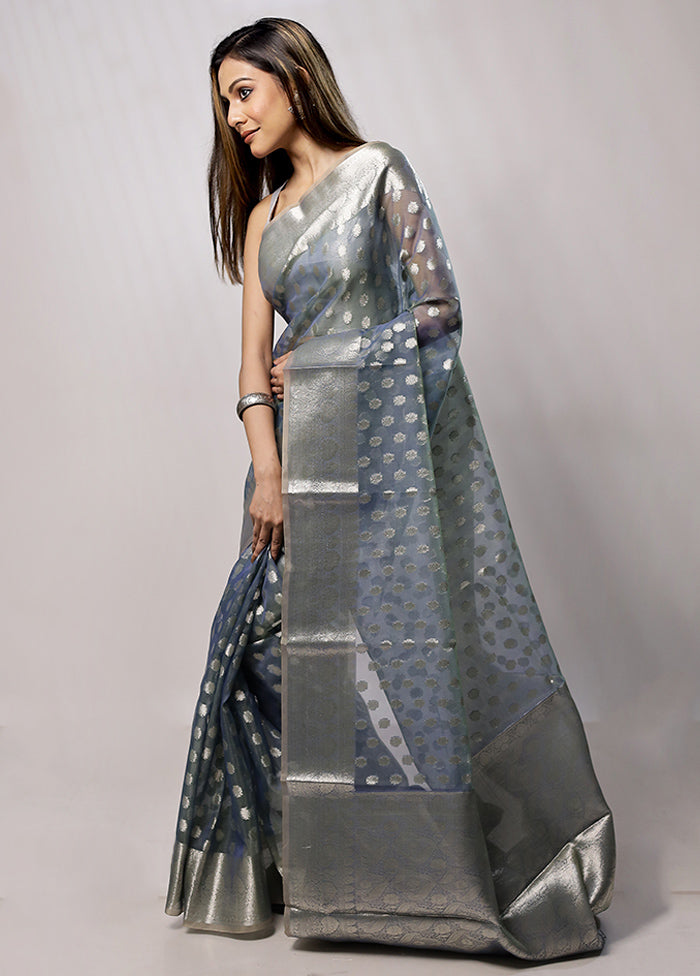 Blue Organza Saree With Blouse Piece