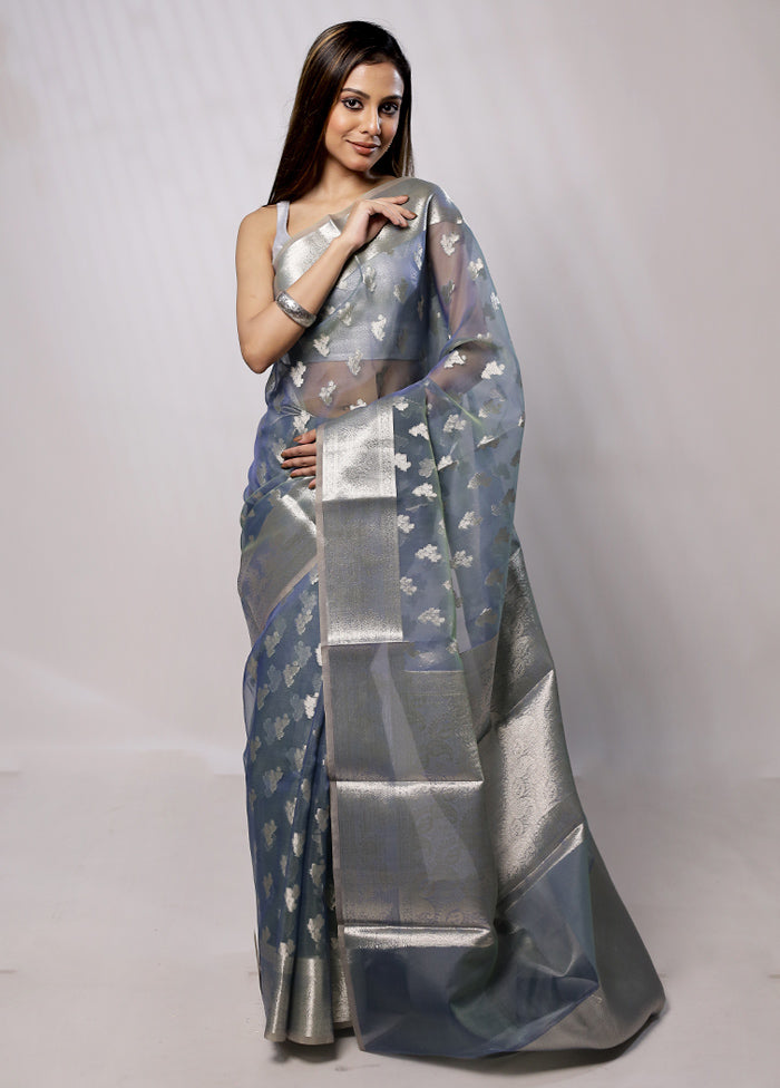 Blue Organza Saree With Blouse Piece