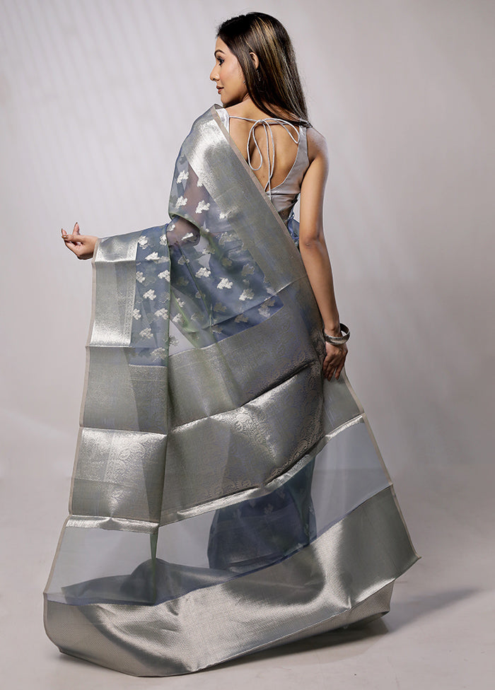 Blue Organza Saree With Blouse Piece - Indian Silk House Agencies