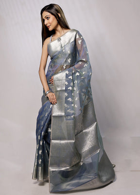 Blue Organza Saree With Blouse Piece