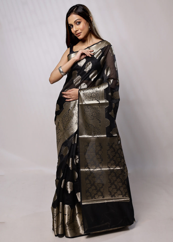 Black Kora Silk Saree With Blouse Piece - Indian Silk House Agencies