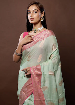 Green Cotton Saree With Blouse Piece