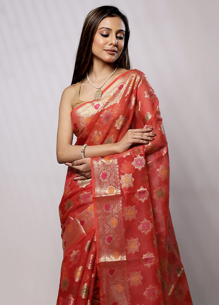 Red Cotton Saree With Blouse Piece