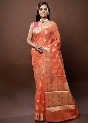 Orange Kota Cotton Saree With Blouse Piece