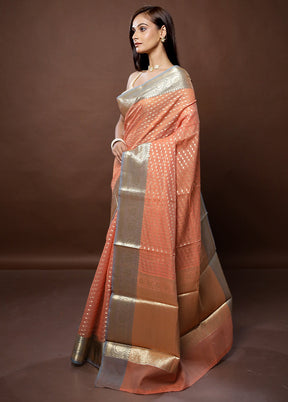 Peach Kora Silk Saree With Blouse Piece