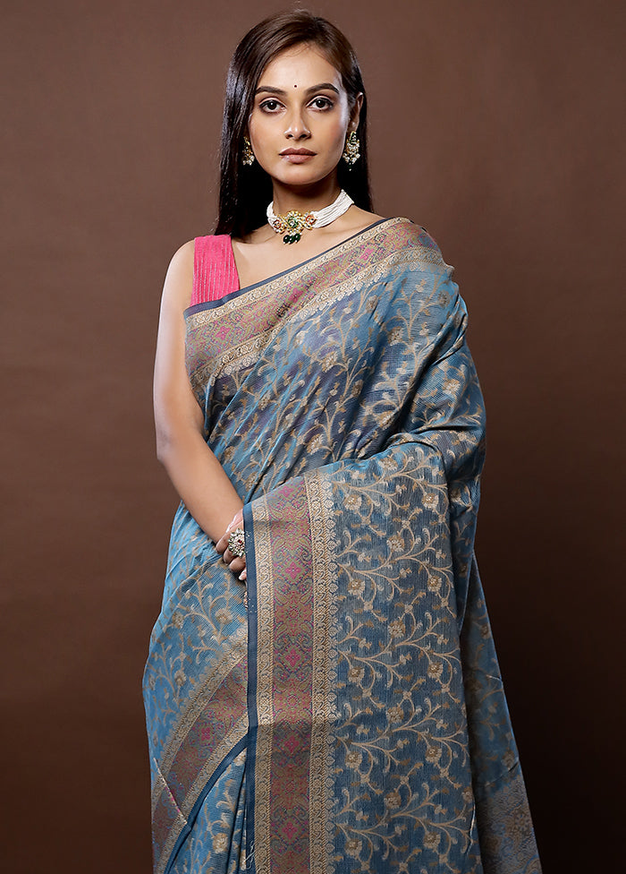 Blue Cotton Saree With Blouse Piece - Indian Silk House Agencies