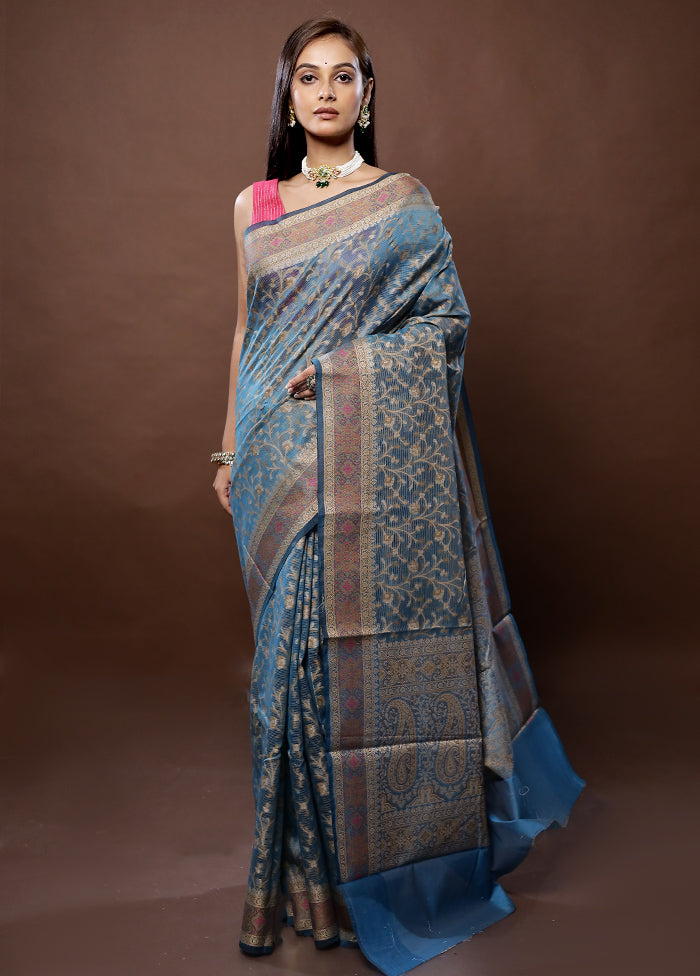 Blue Cotton Saree With Blouse Piece - Indian Silk House Agencies