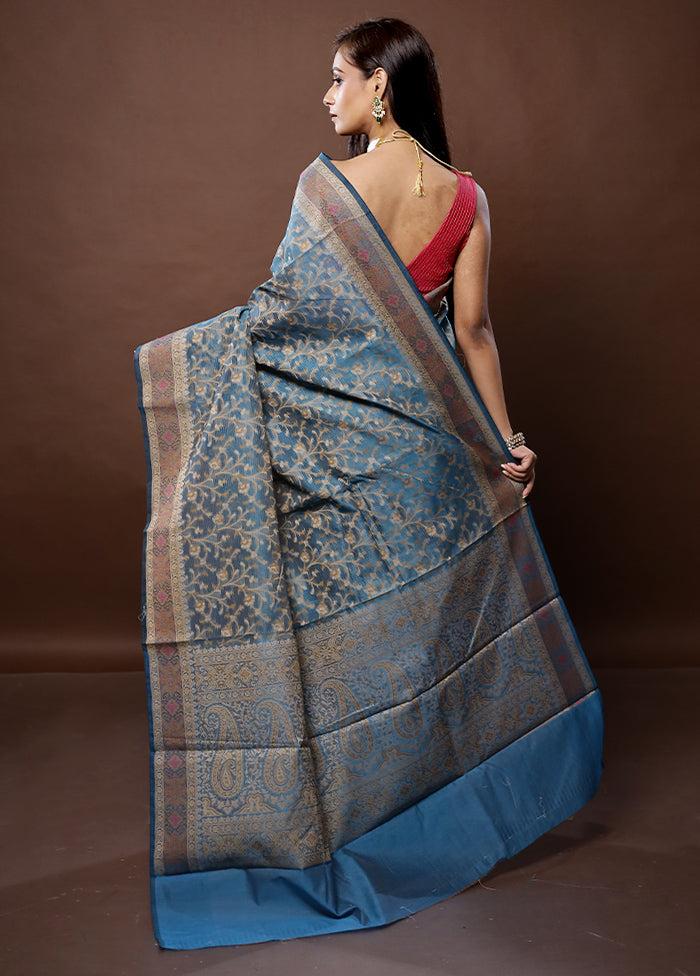 Blue Cotton Saree With Blouse Piece - Indian Silk House Agencies