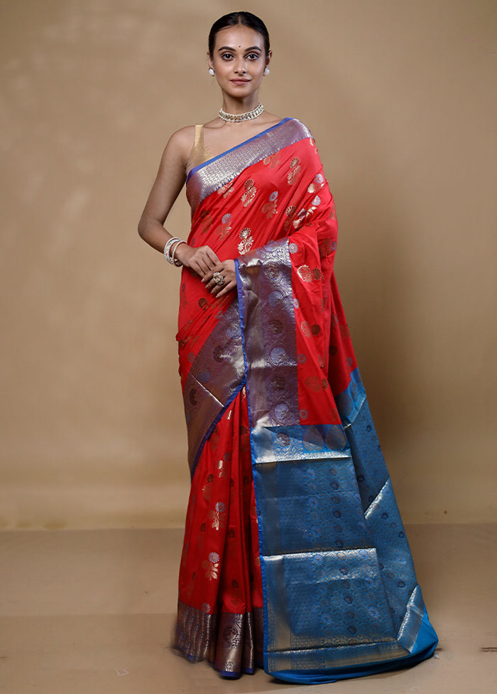 Red Dupion Silk Saree With Blouse Piece