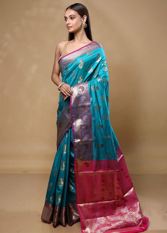 Blue Dupion Silk Saree With Blouse Piece