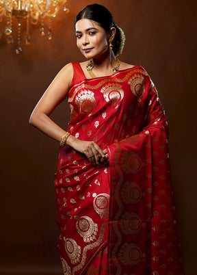 Red Banarasi Silk Saree With Blouse Piece