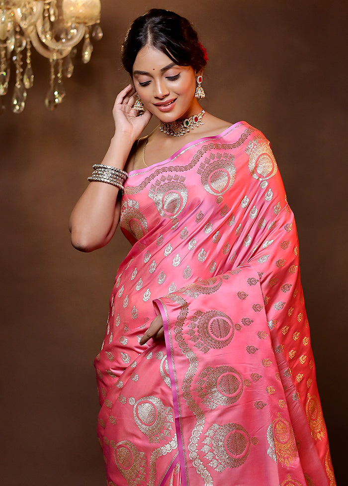 Pink Banarasi Silk Saree With Blouse Piece