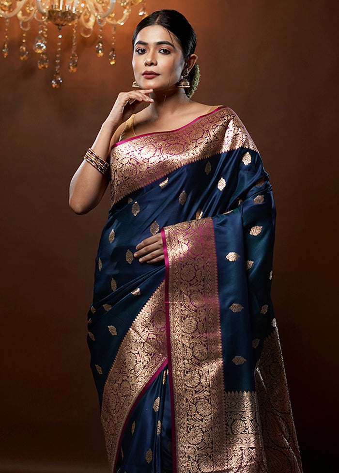 Blue Banarasi Silk Saree With Blouse Piece